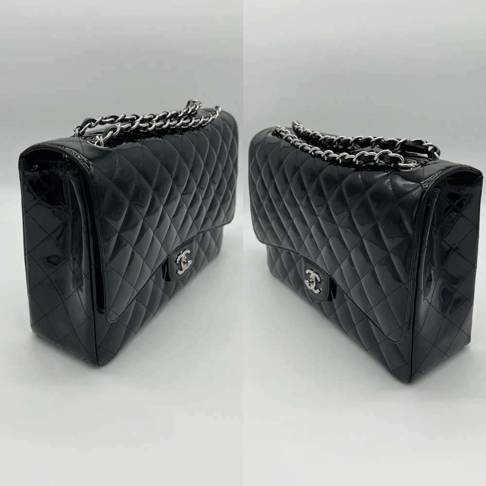 Authentic Chanel Classic Glossy shimmery black Patent leather Maxi single flap - Picture 9 of 17